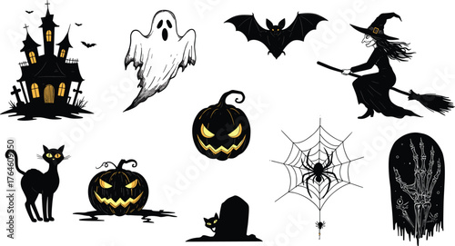 Halloween illustration, haunted house, ghost, bat, witch, black cat, jack-o'-lantern, spider web, tombstone, skeleton hand, spooky scene