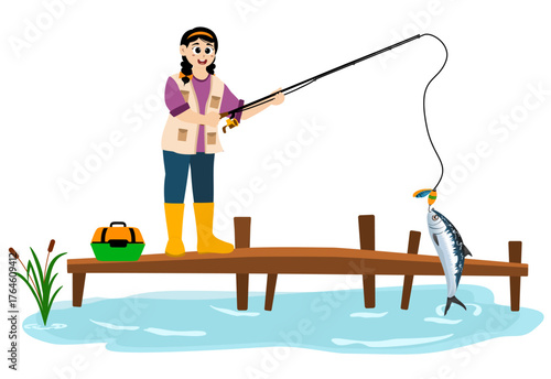 Fishing vector illustration. Fisherwomen and fish. Concept illustration of a person fishing. Fishing hobby activity. People fishing in a pond, lake, or river