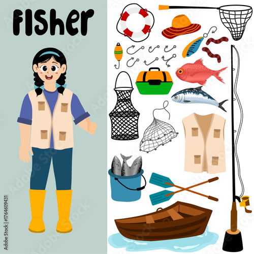 Fishing vector illustration. Fisherman and fish. Concept illustration of a person fishing and tools icons set. Fishing hobby activity. People fishing in a pond, lake, or river