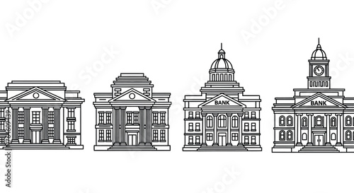 Row of classical government buildings with columns and domes in architectural sketch style vector
