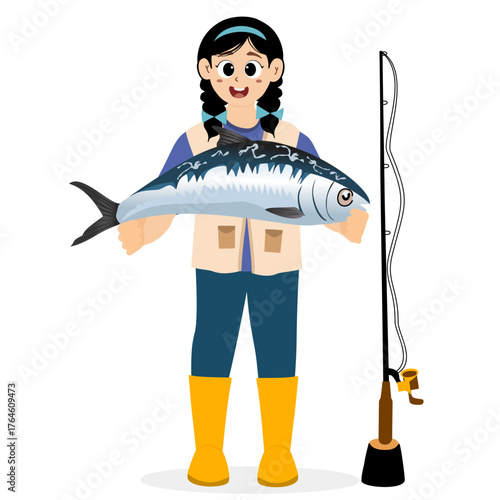 Fishing vector illustration. Fisherwomen and fish. Concept illustration of a person fishing. Fishing hobby activity. People fishing in a pond, lake, or river