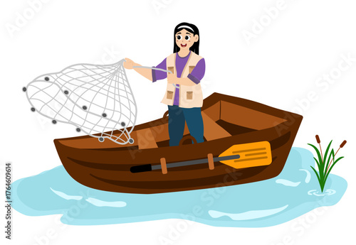 Fishing vector illustration. Fisherwomen and fish. Concept illustration of a person fishing. Fishing hobby activity. People fishing in a pond, lake, or river