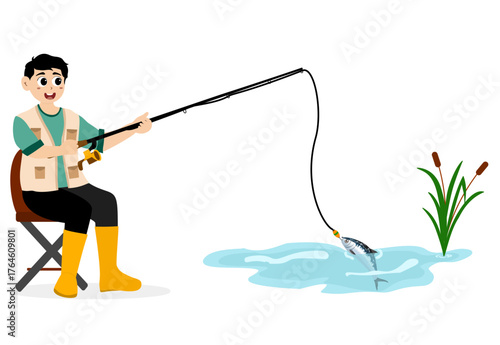 Fishing vector illustration. Fisherman and fish. Concept illustration of a person fishing. Fishing hobby activity. People fishing in a pond, lake, or river