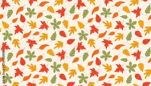 Seamless pattern with scattered autumn leaves in flat cartoon style.