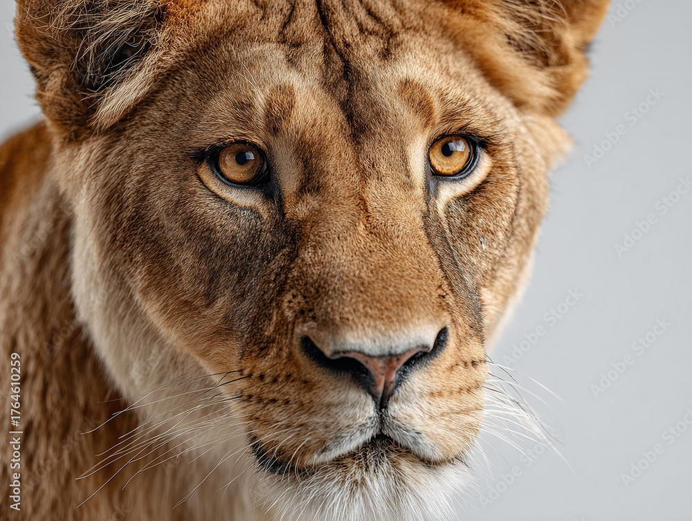Fototapeta premium Close-up of a majestic lion against white backdrop, amber eyes, mature fur texture - AI-Generated