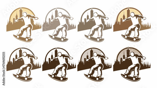 Dynamic snowboarder silhouettes soaring above cityscapes, a modern icon for winter adventure and urban sports, embodying youthful energy and freedom