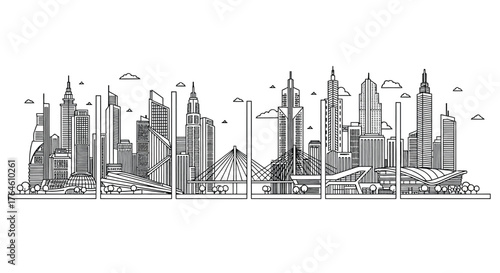 Hand drawn sketch of a modern city skyline architecture buildings towers vector