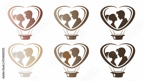 Romantic getaway concept with couple in a heart shaped hot air balloon, perfect for Valentine's Day, anniversaries, or love themed designs and backgrounds