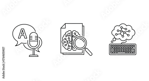 Ai transcription and language processing icons representing speech translation and neural network analysis vector