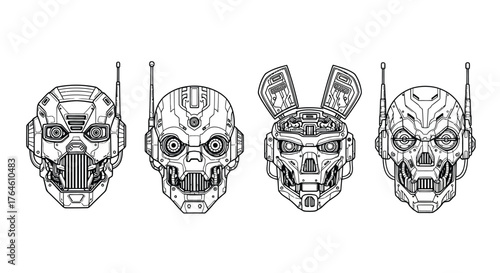 Four detailed futuristic robot heads with intricate mechanical designs and futuristic antennas vector