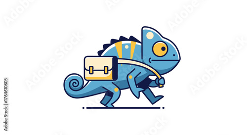Blue chameleon walking with a backpack ready for school or adventure.