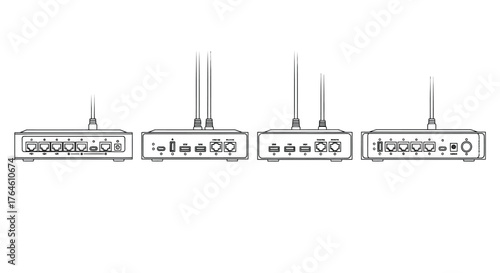 Modern wireless routers arrayed in a row indicating network connectivity and technology vector