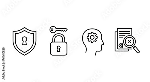 Cybersecurity and data protection icons featuring shield lock brain and document magnifying glass vector