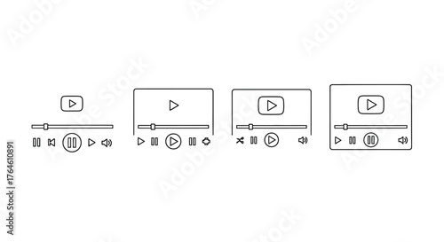 Set of four different video player interface icons with play pause and volume controls vector