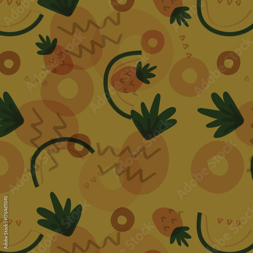 Pineapple seamless pattern. Summer fruit pattern. Pineapple fruit on beige background. Tropical design for T-shirts, prints on paper and fabric. Vector illustration