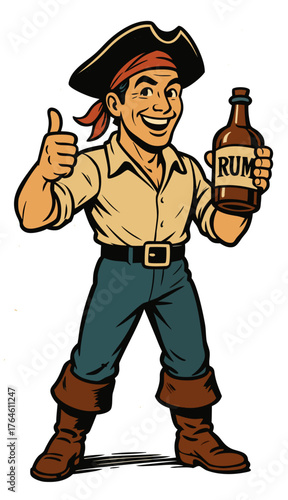 Comic pirate illustration with rum , funny retro artwork for pub or bar.