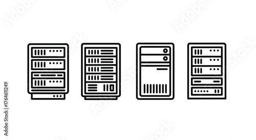 Four server racks labeled with technology and data storage icons for networking and it solutions vector
