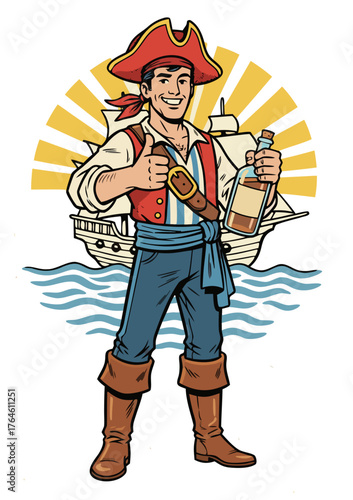 Retro pirate character with bottle of rum, thumbs up gesture, funny comic art.
