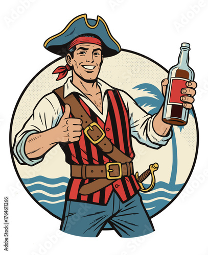 Cartoon pirate captain smiling with rum bottle, retro vector art for logo, poster, or pub decoration.