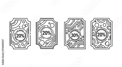 Four decorative labels with percentage discounts for retail and sales promotions vector