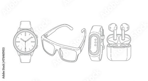 Collection of modern wearable technology accessories depicted in a line art style with a clean aesthetic vector
