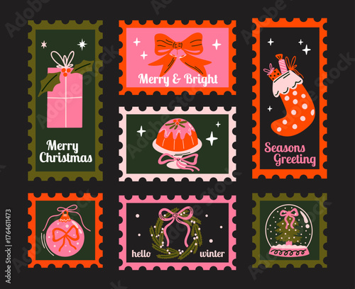 Merry Christmas vector post stamps sticker elements set. Collection of cute groovy funky cartoon illustration with winter holiday decorations, ornament, bow, gift, wreath, snow ball