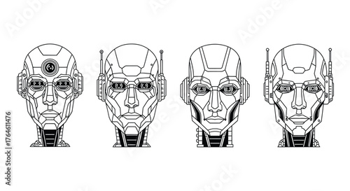Four futuristic robot heads in detailed line art style for sci-fi projects vector