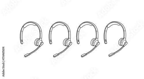 Four modern headsets with microphones arranged in a row for communication and audio recording vector