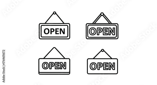 Collection of four hand drawn open signs with cord and hook for business and retail vector