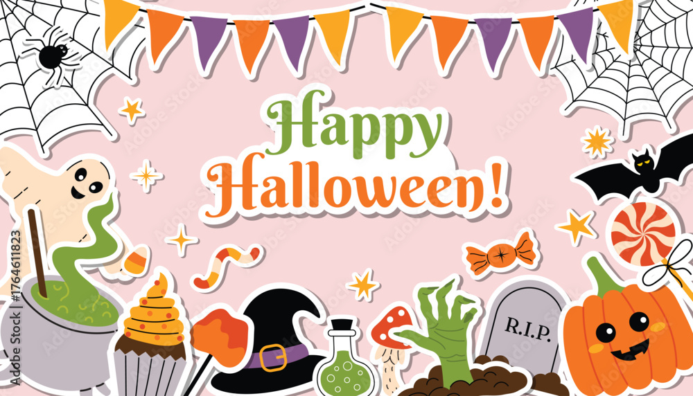 Fototapeta premium Cute Happy Halloween horizontal greeting card with border of fun spooky stickers in flat cartoon style.