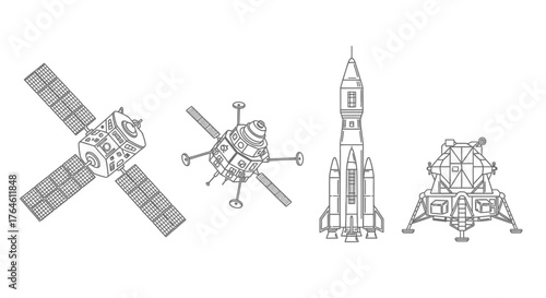 Iconic spacecraft collection satellite probe rocket and lunar lander designs vector