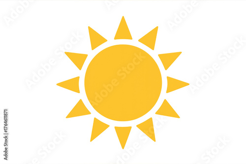 Yellow sun icon depicting the sky object radiating light and warmth, symbolizing hot summer days. Transparent background