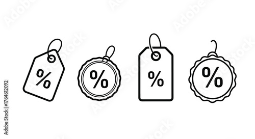 Four hand drawn sale tags with percentage symbols offer discount symbols for shopping and retail promotions vector