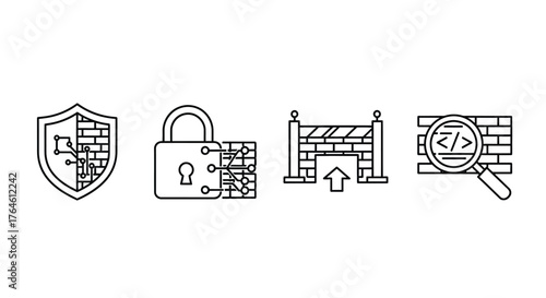 Digital security icons representing firewall data protection encryption and cyber defense vector