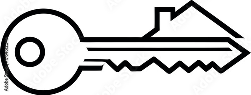 Minimalist outline drawing of a house key with a house silhouette integrated into its head