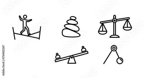 Collection of simple line art icons representing balance stability and equilibrium concepts vector