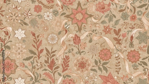 Classic Infinite Background Featuring Handcrafted Floral Mosaic in Natural Tones with Middle Eastern Artistic Touch