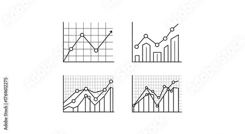 Four hand drawn financial growth charts illustrating upward trends and market fluctuations vector