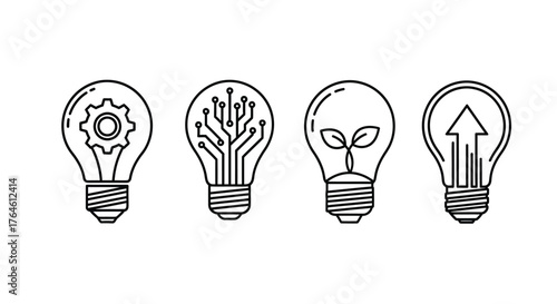 Set of four hand-drawn light bulb icons representing different innovative ideas and concepts like technology and growth vector