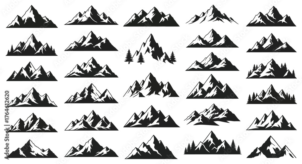 Naklejka premium Mountain Icons Collection Vector Graphics of Peaks, Ridges, and Landscapes for Design Projects