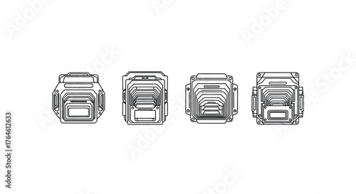 Four industrial metal wire connector clips in a line detailed close-up studio shot vector