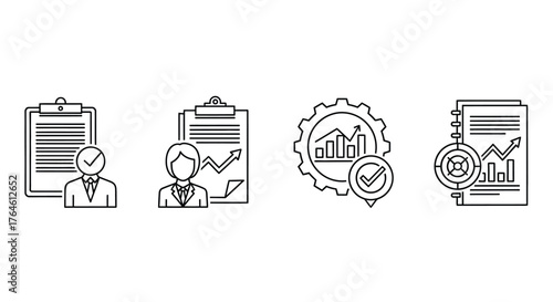 Business analysis and reporting icons set representing financial growth and data interpretation concepts vector