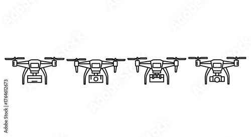 Four drones arranged in a line front view line art technology aerial survey surveying vector