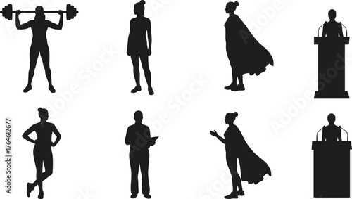 Silhouette icons, superhero pose, podium speaker, confident stance, leadership figure, barbell lift, reading person, cape character, motivation, empowerment, presentation