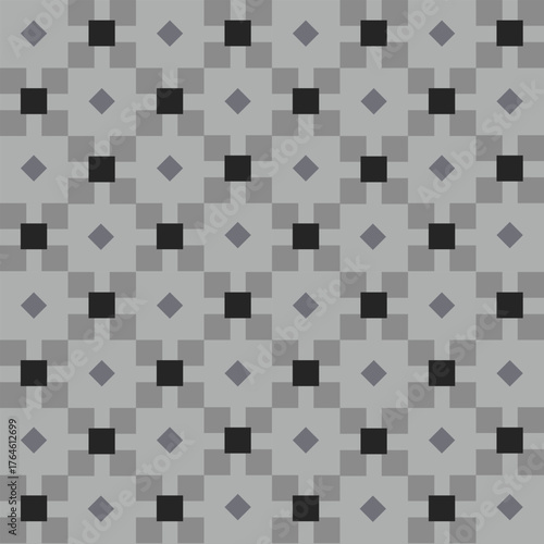A seamless pattern featuring a symmetrical geometric design. It incorporates dark gray squares and lighter gray cross shapes, arranged in a grid.