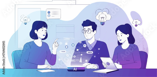 Vector illustration of a business team collaborating on an AI strategy. Futuristic office concept with technology, innovation, and teamwork theme in modern flat design.
