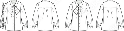 Women’s blouse flat sketch, bow tie collar design, button down shirt vector, long sleeve garment drawing, fashion illustration, cad drawing flat vector illustration