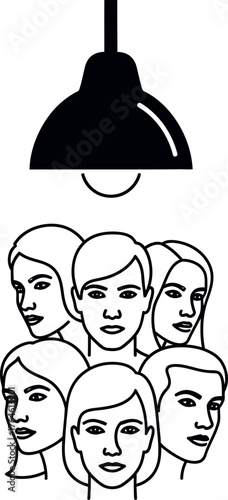 Group of diverse people s faces illuminated by a single overhead light bulb creating a spotlight effect