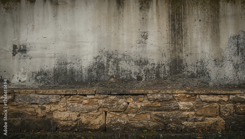 Fototapeta premium Moist and grimy residential wall texture, exterior, building surface, cement, rock, algae, coating, sedimentary stone, front
