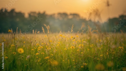 Fototapeta Naklejka Na Ścianę i Meble -  Serene meadow at sunrise or sunset featuring green grass and vibrant yellow blossoms in the gentle golden light. A detailed look at peaceful spring and summer rural scenery with misty forest